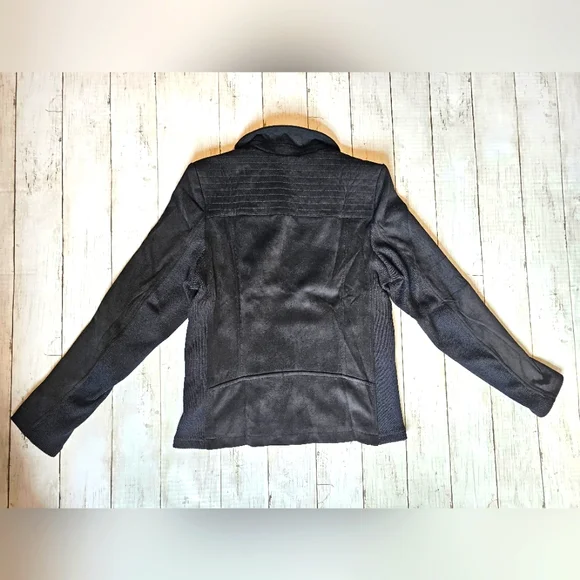 NEW SPYM Sleek Black Faux Suede Moto Stretchy Jacket Ribbed Sides & Sleeves - Picture 11 of 12